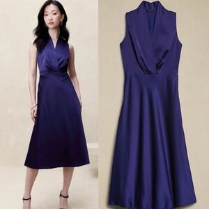 Banana Republic Satin Navy Blue Midi Dress Size 6 Wedding Guest Formal Cocktail